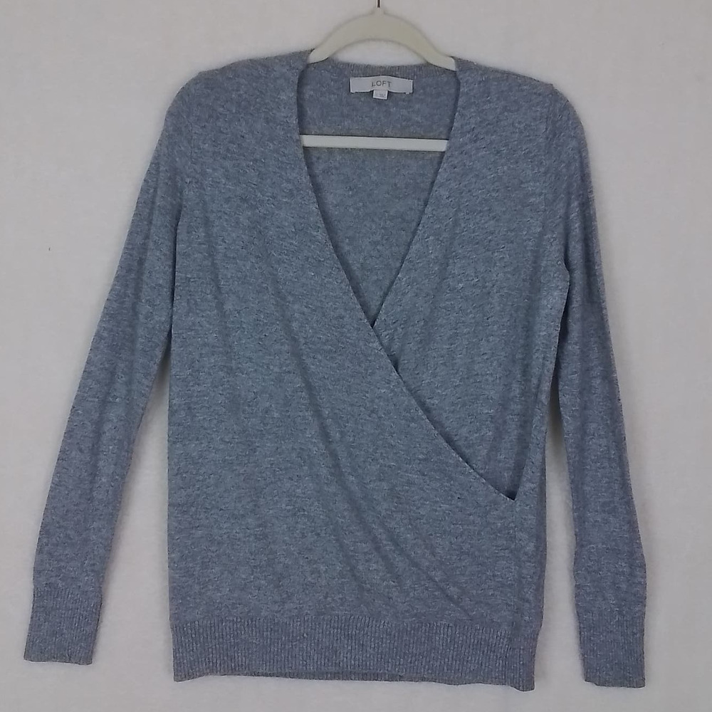 LOFT Faux Wrap Sweater Size S Heather Gray Wool Blend Classic‎ Fit Long Sleeve